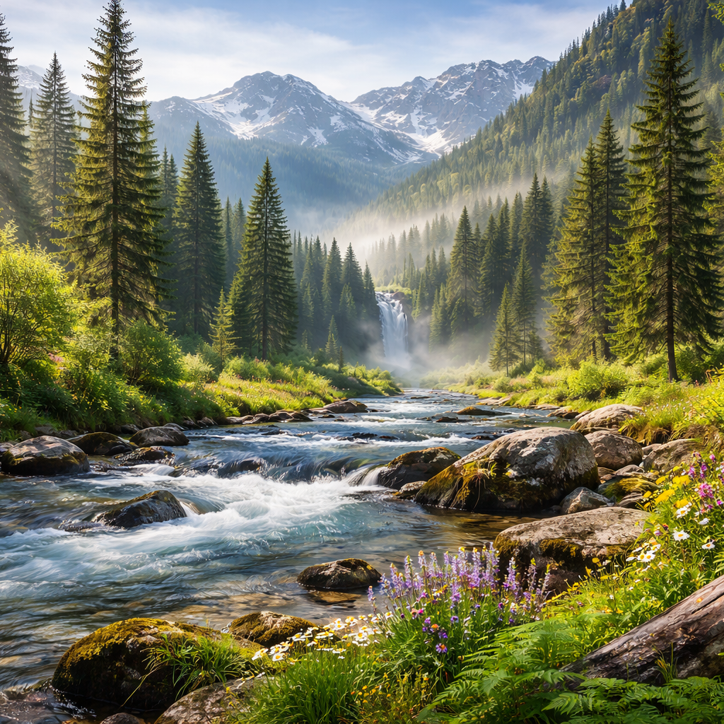 Scenic view of a river flowing through a forest with mountains in the background