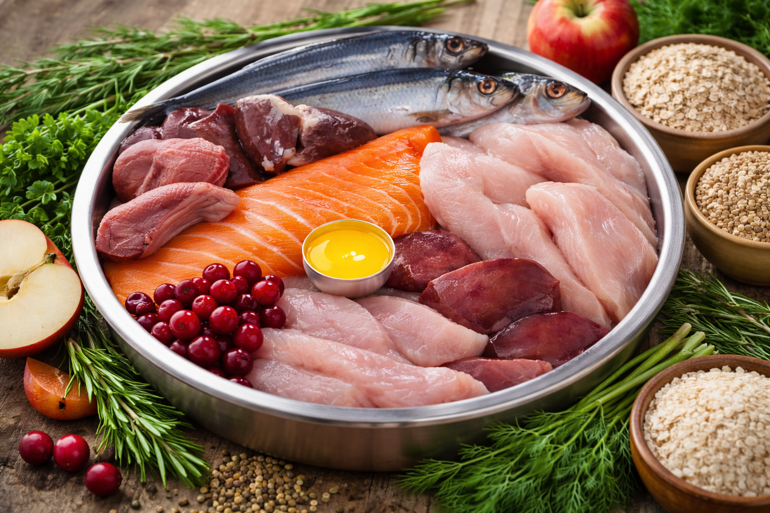 Assorted raw meats and fish in a metal tray with fresh ingredients on a wooden surface