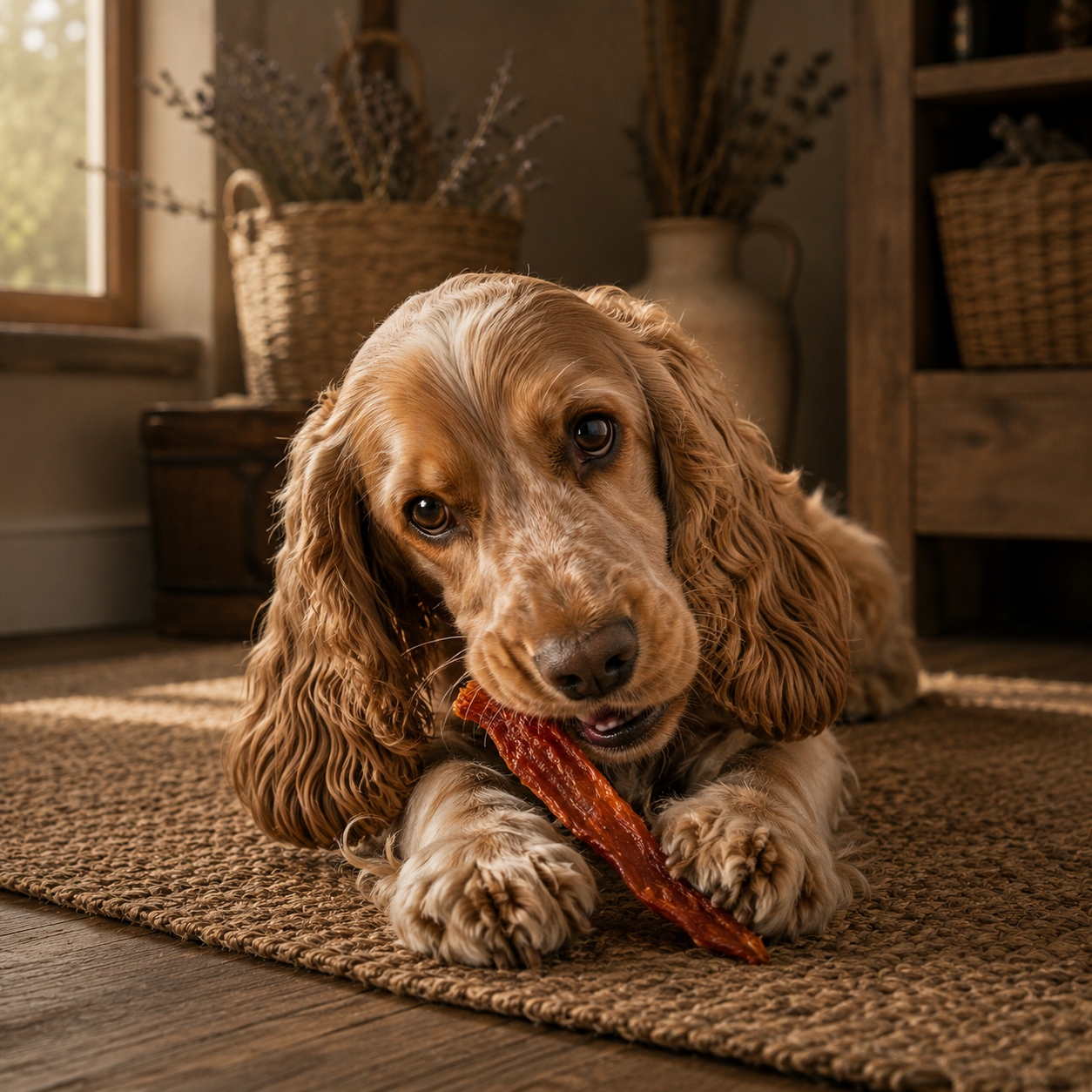Cocker Spaniel chewing a natural fish strip dog treat in a warm indoor setting