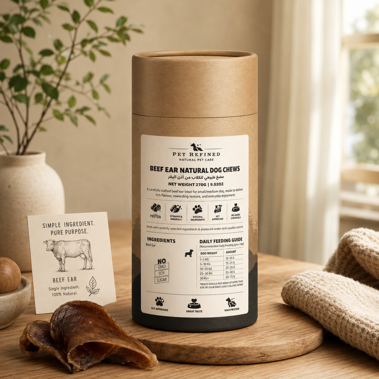 Pet Refined beef ear dog chews canister with clear ingredient and feeding information