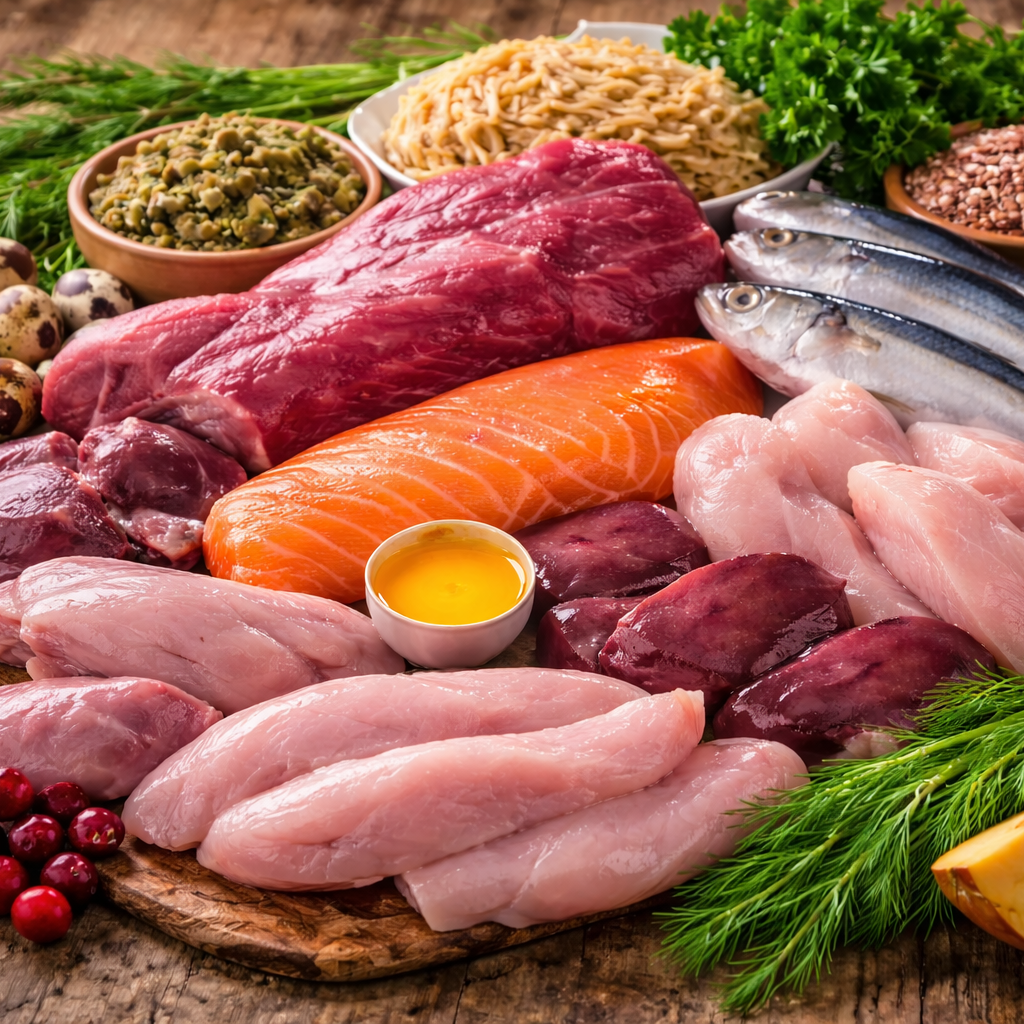 Assorted raw meats including beef, salmon, and chicken on a wooden surface with herbs and spices.