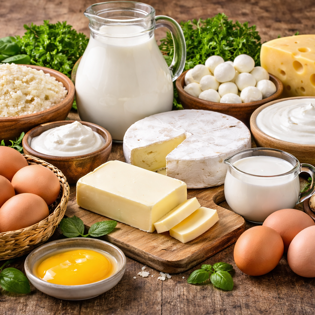 Assorted dairy products including milk, cheese, eggs, and butter on a wooden surface.