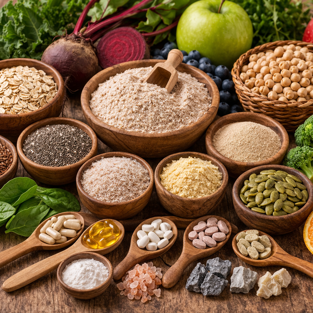 Assorted health foods including grains, legumes, and vegetables on a wooden surface.