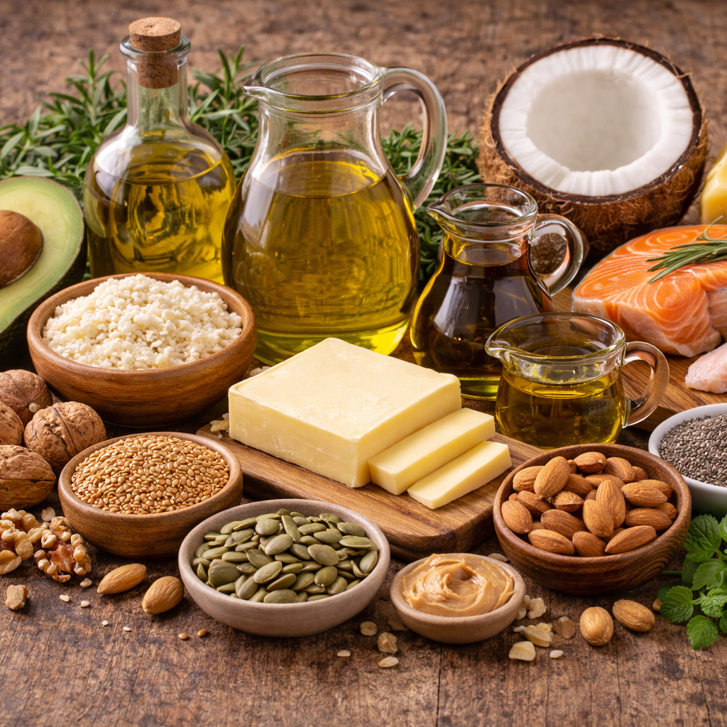 Assorted healthy fats and oils on a wooden surface