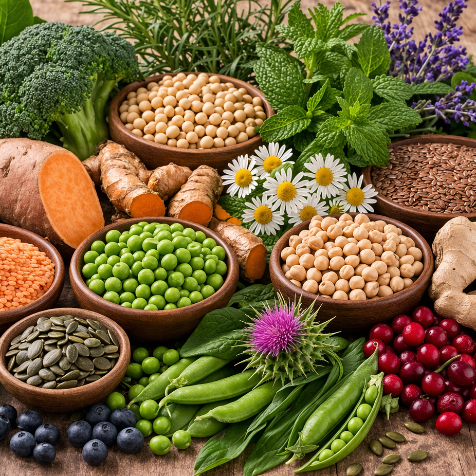 Assorted healthy foods including vegetables, seeds, and beans on a wooden surface.