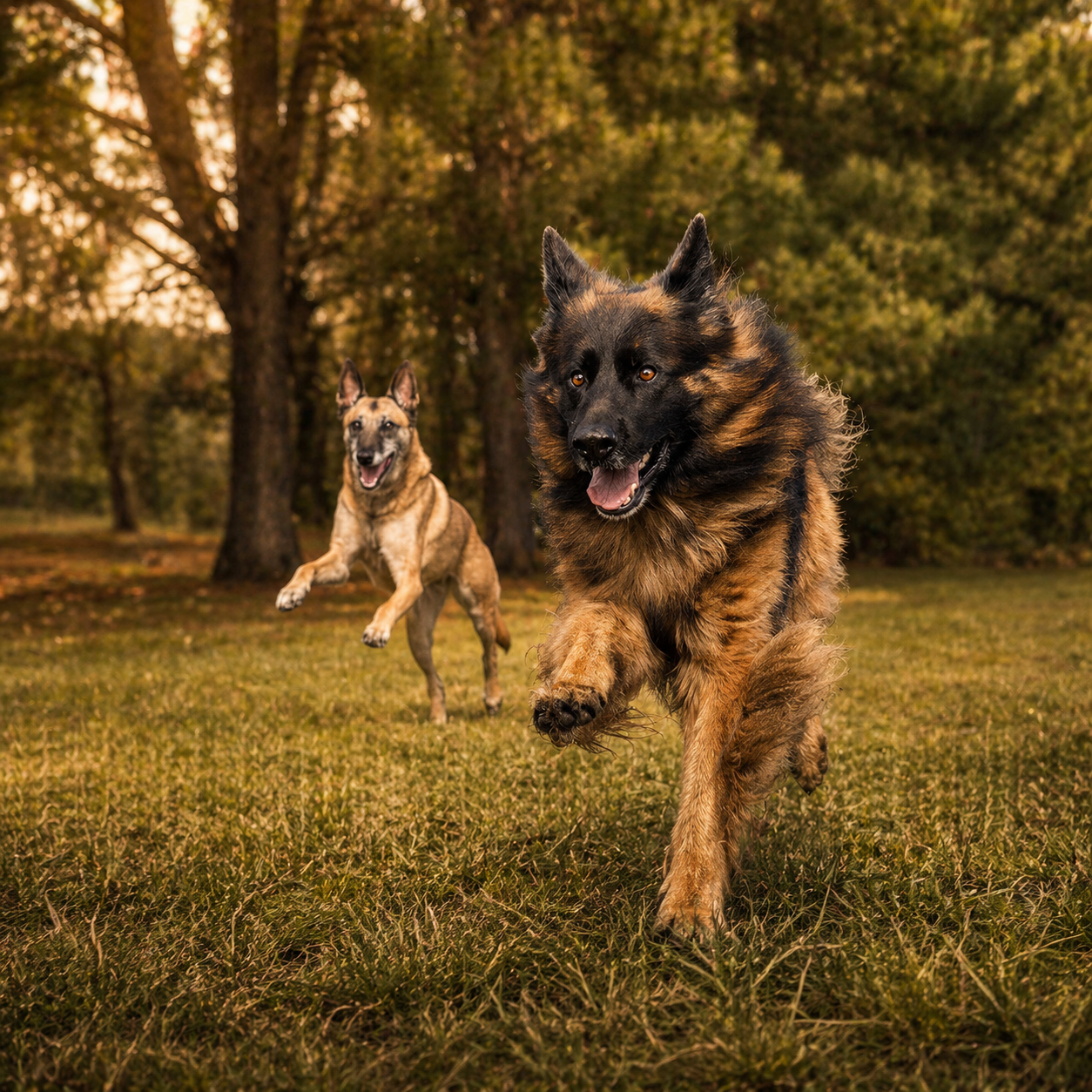Adult dogs running in a natural outdoor setting representing daily dog nutrition for strength, vitality and wellbeing
