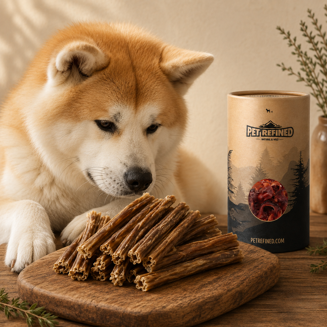 Akita with natural dog chews and Pet Refined packaging in a warm indoor setting