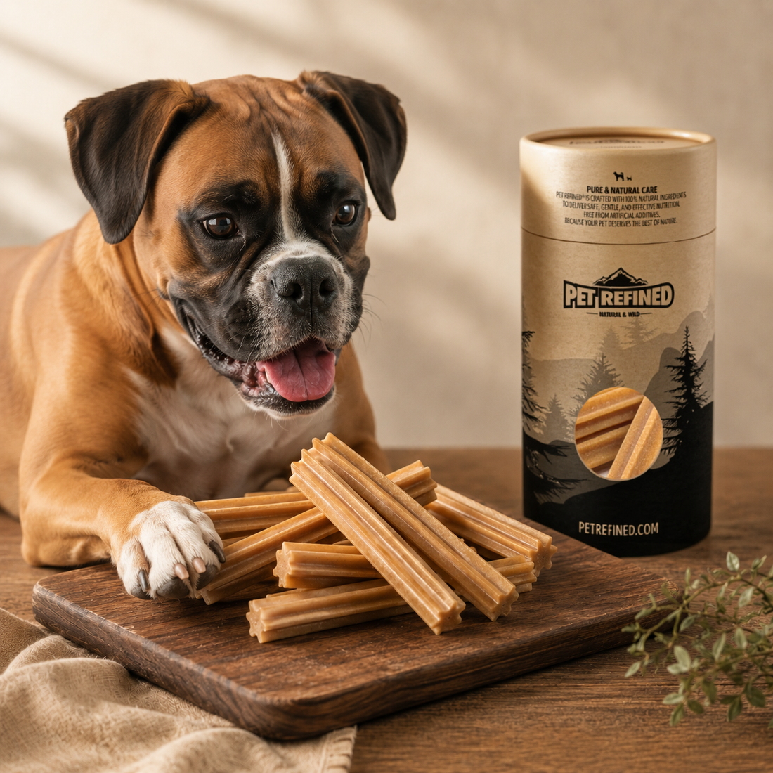 Boxer dog with dental chews and Pet Refined packaging on a wooden board