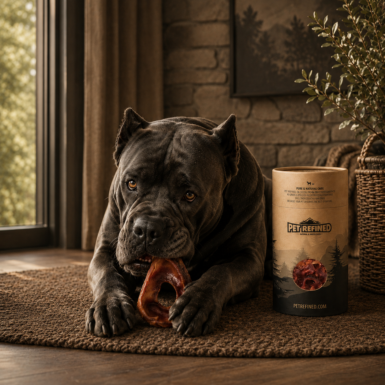 Cane Corso chewing a natural beef ear dog treat beside Pet Refined packaging