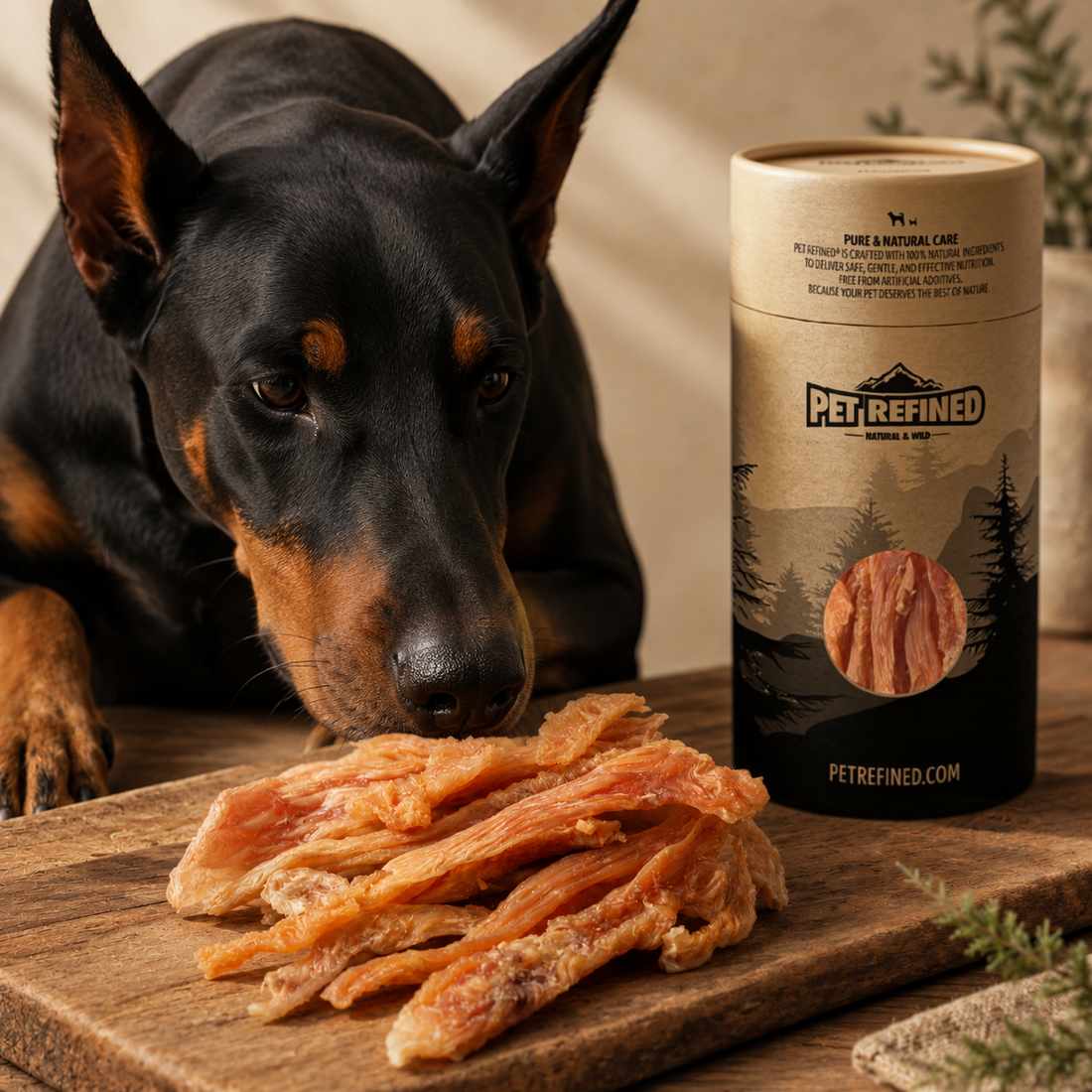 Doberman with soft meat strip dog treats and Pet Refined packaging in a premium indoor setting