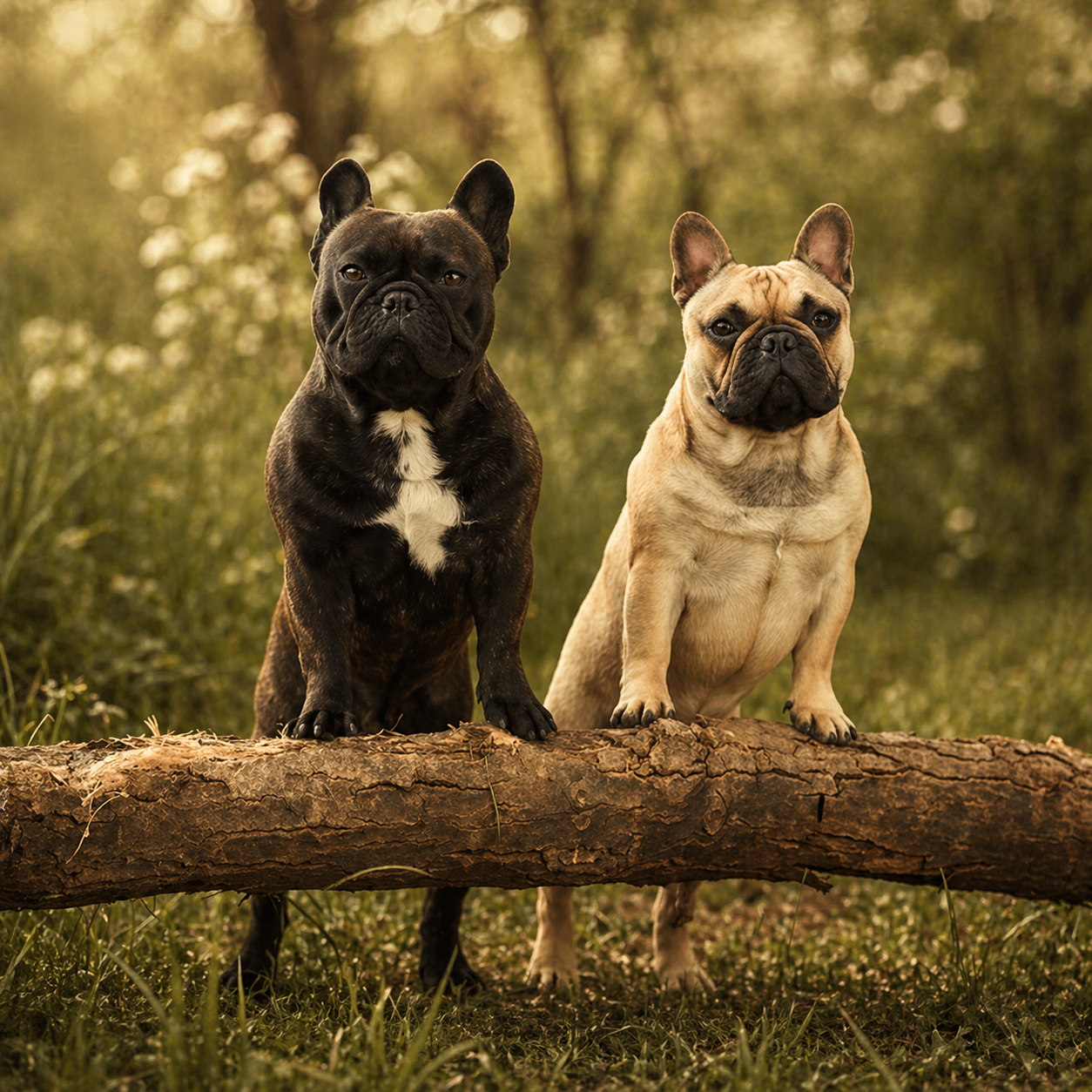 Two French bulldogs in a natural outdoor setting representing grain-free dog food for dogs with grain sensitivities