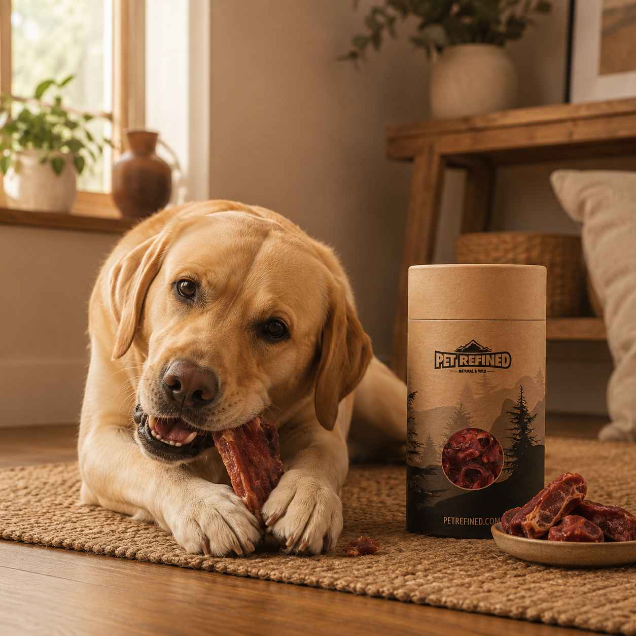 Labrador Retriever chewing a rich meaty dog treat beside Pet Refined packaging