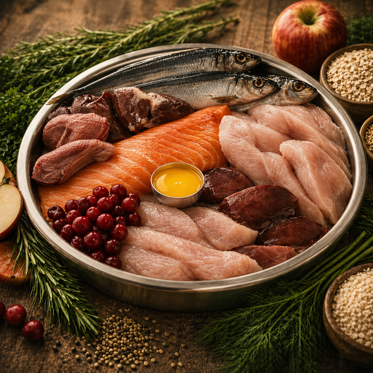 Natural pet treat ingredients including beef, lamb, chicken, turkey, rabbit, salmon and duck