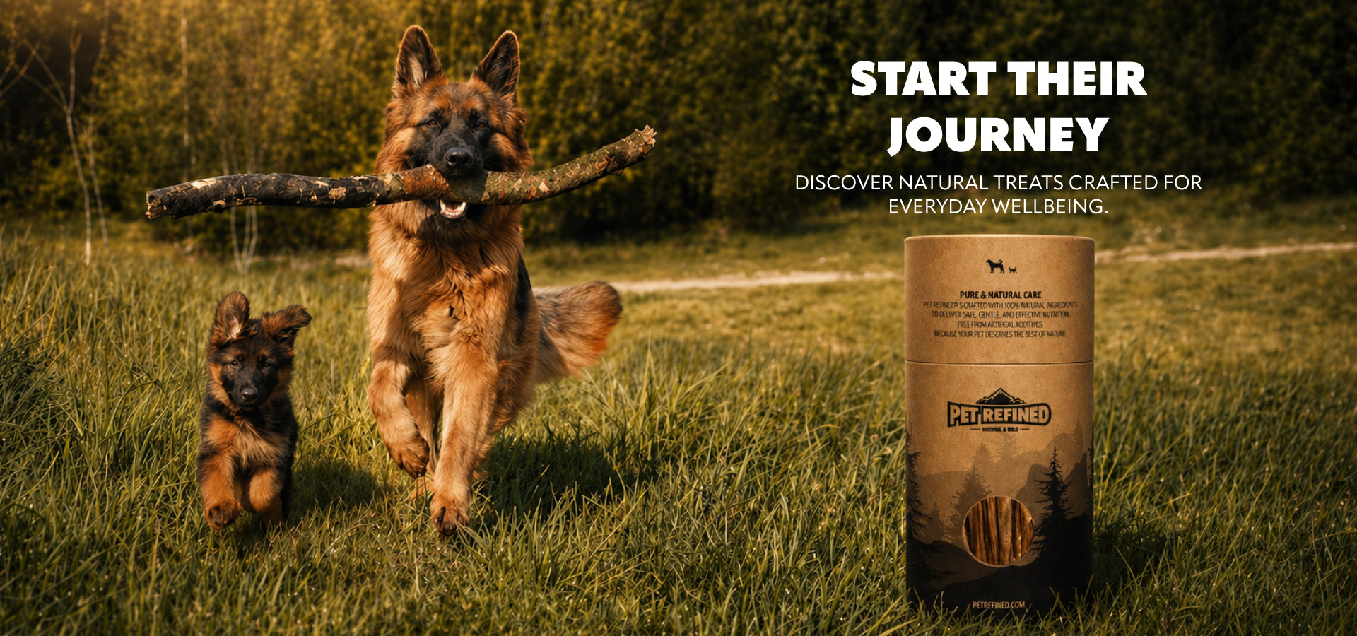 Dog and cat running in a forest with natural beef jerky pet treats