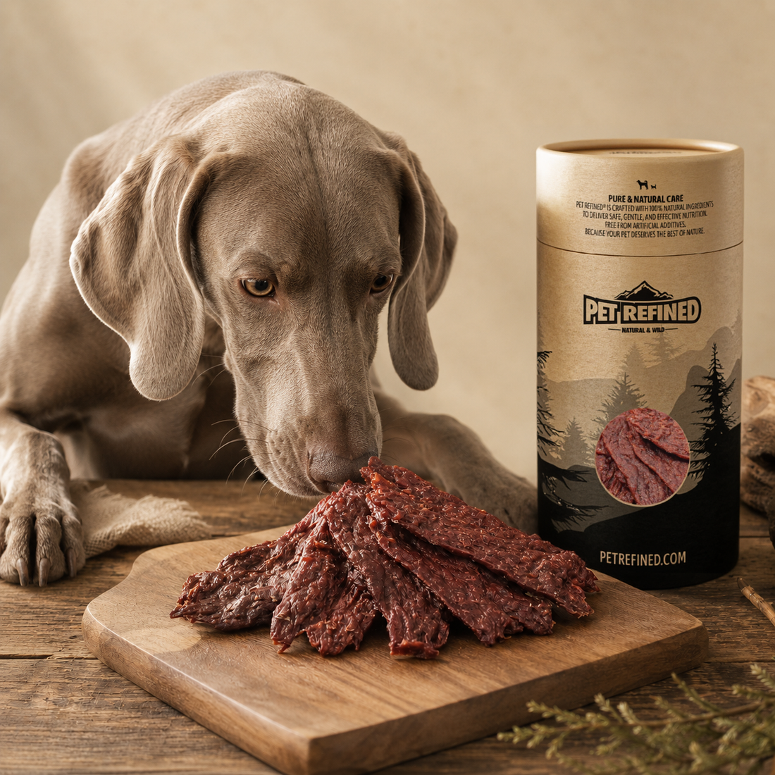Weimaraner sniffing gourmet meat dog treats beside Pet Refined packaging